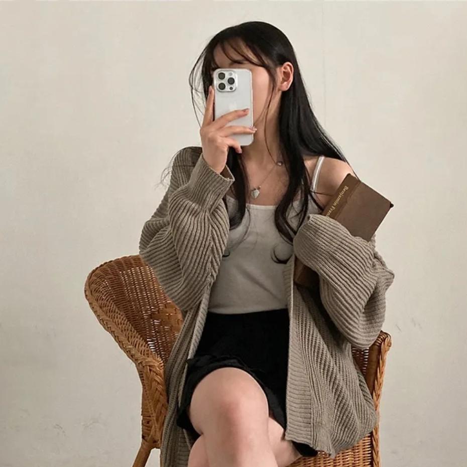 Cardigan Tricot Décontracté Mi-Long pour Femme - Automne & Hiver Couleur Unie, Coupe Ample, Pull Polyvalent Point Mousse