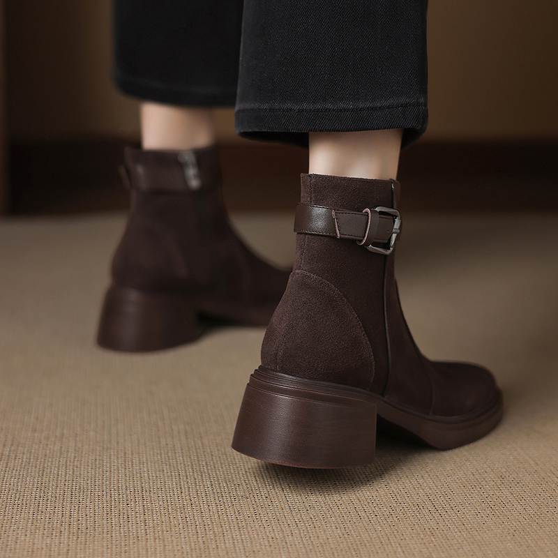 Krazing Pot Cow Suede Nubuck Round Toe Thick Heels Chelsea Boots Size 42 Zipper Women Keep Warm Ankle Boots