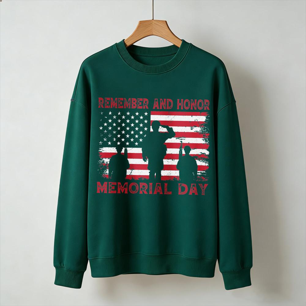 Remember and Honor Memorial Day Sweatshirt Men Women Crewneck Long Sleeve Pullover Patriotic Military Veteran Flag Gift Tops