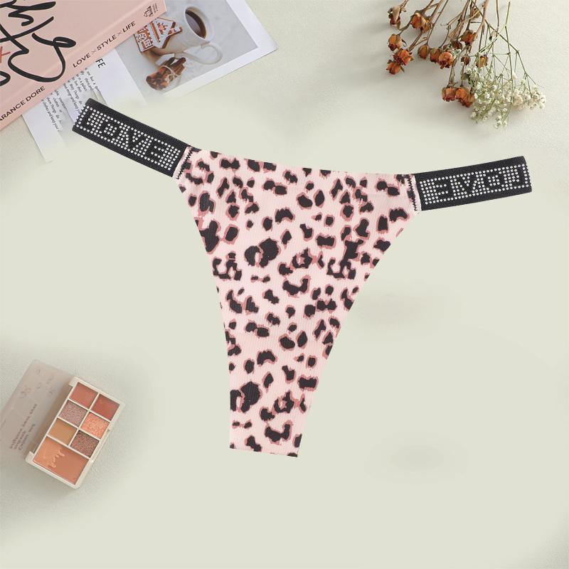 Women's Sexy Leopard Underwear Rhinestone Letter Belt Thongs Female Seamless Stretchy Panties 14 Colors Low-Waisted Lingerie