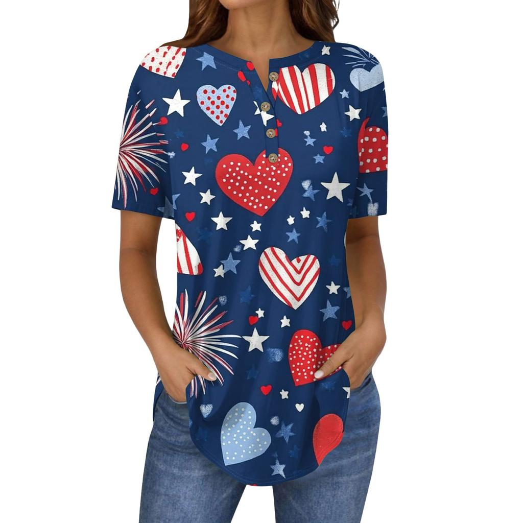 Short Sleeve Womens Tops Summer T-Shirts Print V Neck Casual Basic Tee Button Shirts Tunic Tops Independence Day