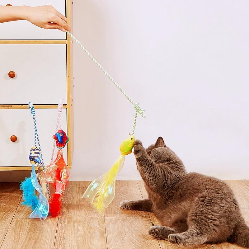 Cat Toy Feather Cats Stick Fish Tassel Cat Toys Interactive Cotton Rope Toy Feather Sticks Toys for Cats Scratching Pet Supplies