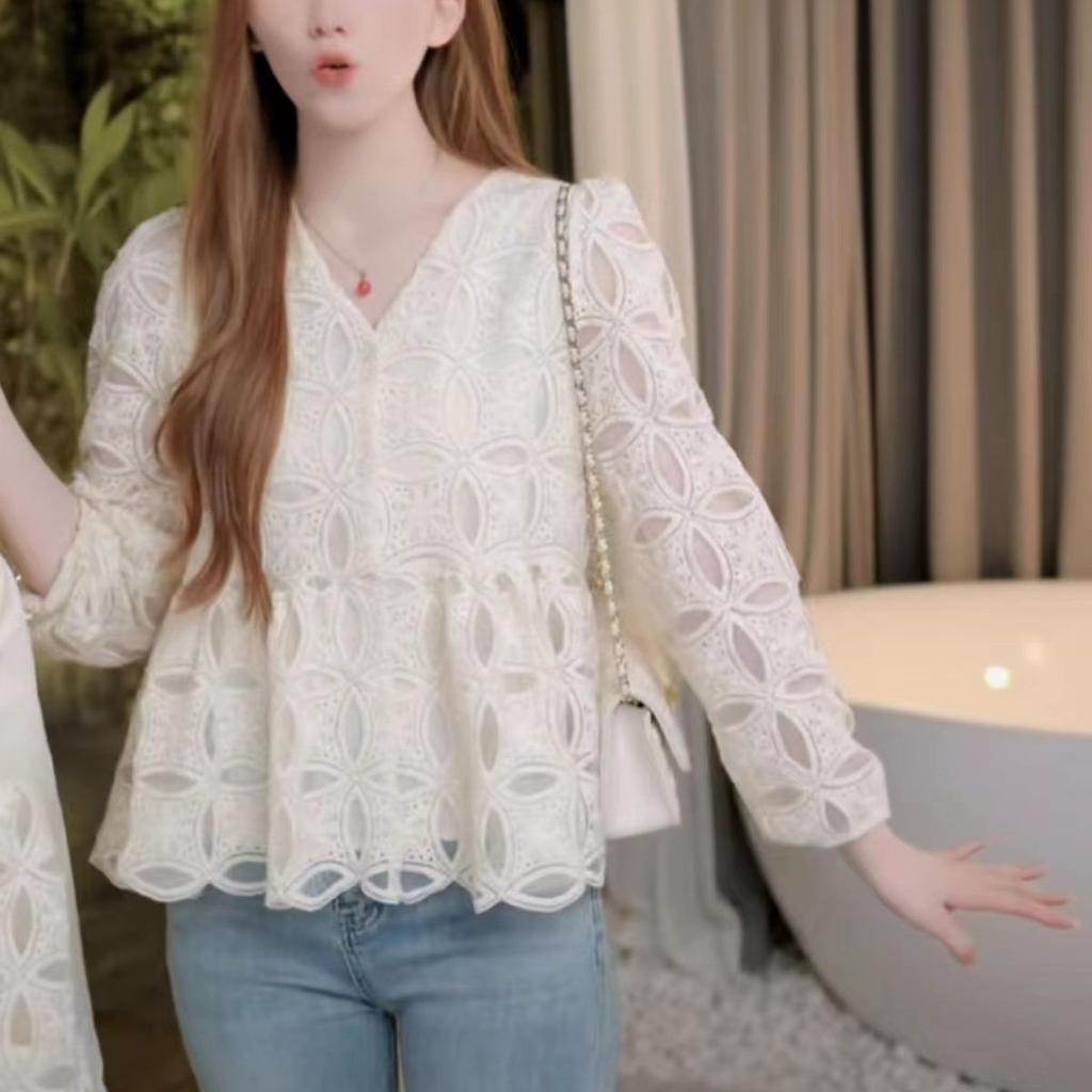 Chemisier en dentelle brodée française pour femme, automne, amincissant, tendance, manches longues