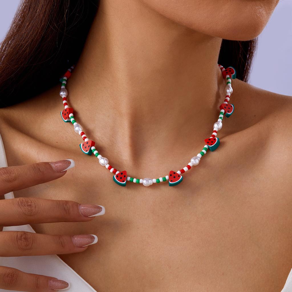 Fashion Watermelon Soft Ceramic Beaded Choker Necklace for Women Boho Colorful Rice Beads Pearl Clavicle Chain Necklace Jewelry