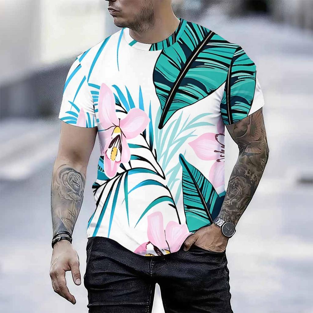 Women Short Sleeve Crew Neck T Shirt White Teal Banana Leaf Pink Orchid Tropical Print Top