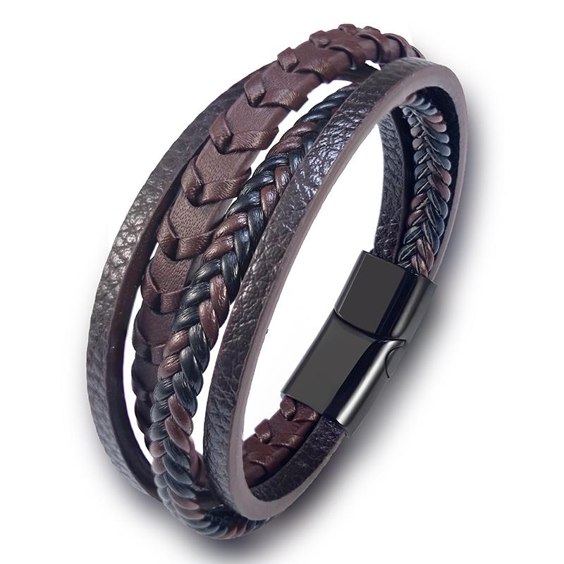 MingAo Men s Bracelet Fashion Multilayer Leather Stainless Steel Magnet Buckle Bracelet Birthday Jewelry Men s Accessories Gift 18.5cm