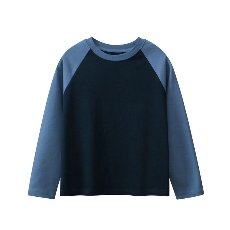 Spring and Autumn Long-Sleeved T-Shirts for Boys and Girls, Round Neck Patchwork Sleeve Tops, Solid Color Plain Bottoming Shirts for Older Children