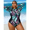 Women Long Sleeve One Piece Swimsuit Zip Front Gilded Fluid  Print Rash Guard Surfing Bathing Suit