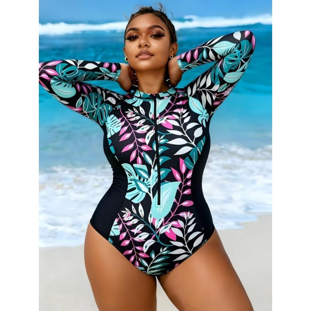 Women Long Sleeve One Piece Swimsuit Zip Front Gilded Fluid  Print Rash Guard Surfing Bathing Suit
