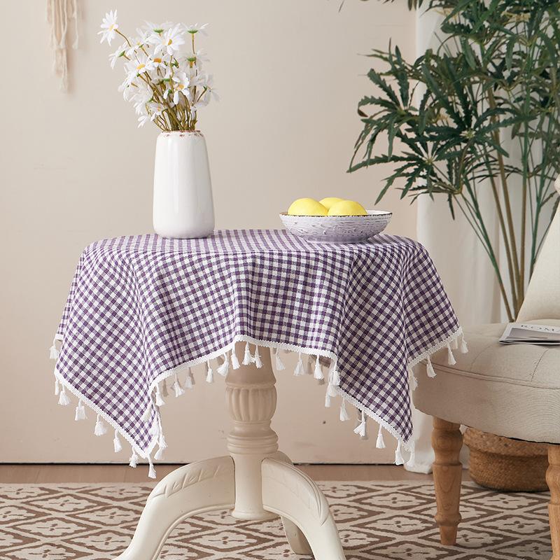 Cotton And Linen Small Fresh Navy Blue Small Flower Round Tablecloth Household Living Room Homestay Decoration Fringed Tablecloth