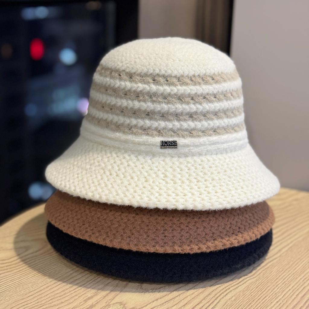 Black Striped Knitted Woolen Fisherman Hat for Women In Autumn and Winter Face Showing Small Bucket Hat Fashionable Big Head Basin Hat
