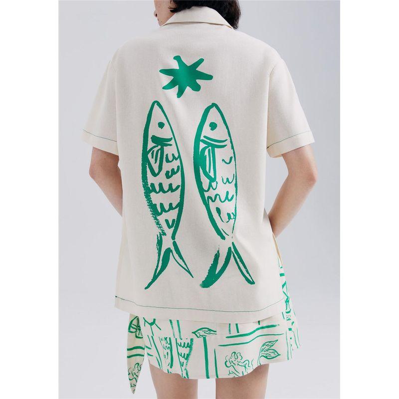 

Stick to the Original Single GW Summer New Pisces Print Linen Blend Loose Casual Large Version Short sleeve Shirt T-shirt Green XL