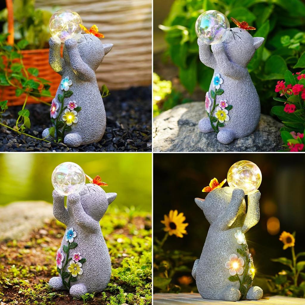 Goodeco Solar Cat Garden Statue - Outdoor Cat Decor with Solar Butterfly & Succulent Flowers LED Lights for Cat Lovers and Garden Enthusiasts - Ideal