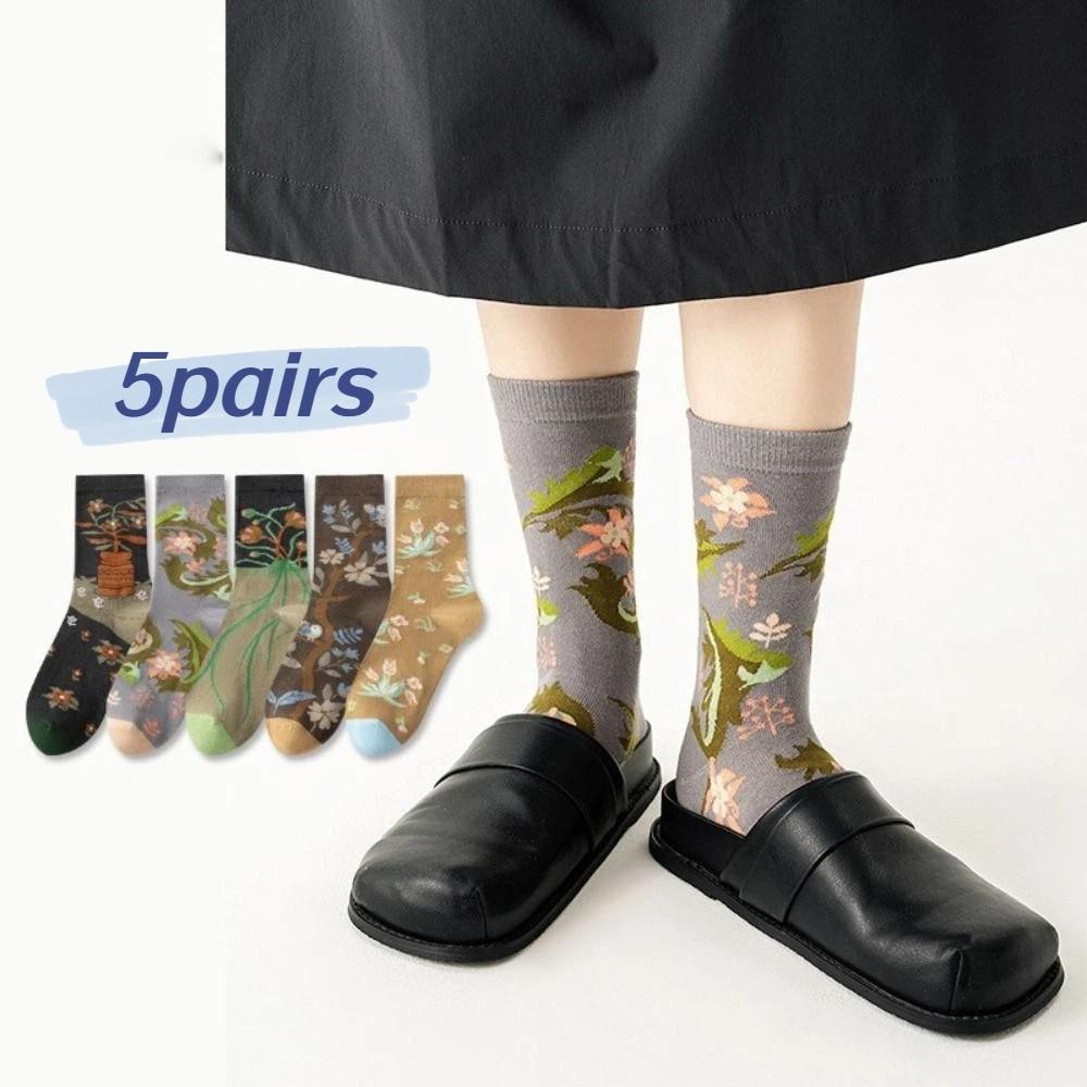 Flower Girls Mid-calf Socks Thin Retro Style Sock Women Fashion Floral Tube Socks Female