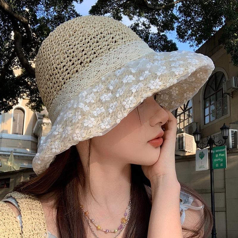 New Summer Women'S Fishing Hat Sun Protection Hat Lace Trim Beach Straw Hat Breathable And Stylish