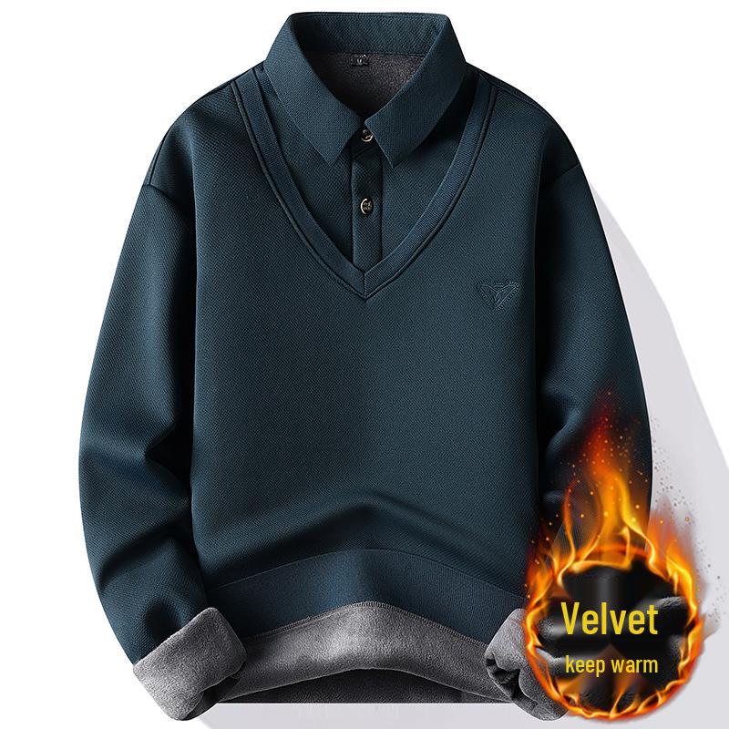 Men's Fleece-Lined Two-Piece Look Warm Sweater with Shirt Collar