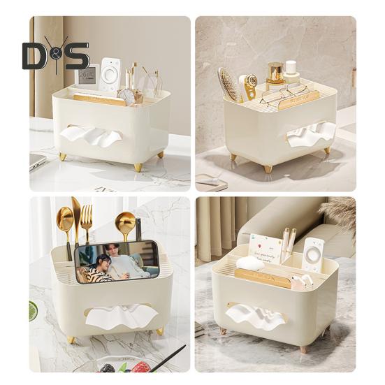 Multifunctional Tissue Box Cover Holder with Storage Compartments Large Capacity Rectangular Napkin Tissue Organizer