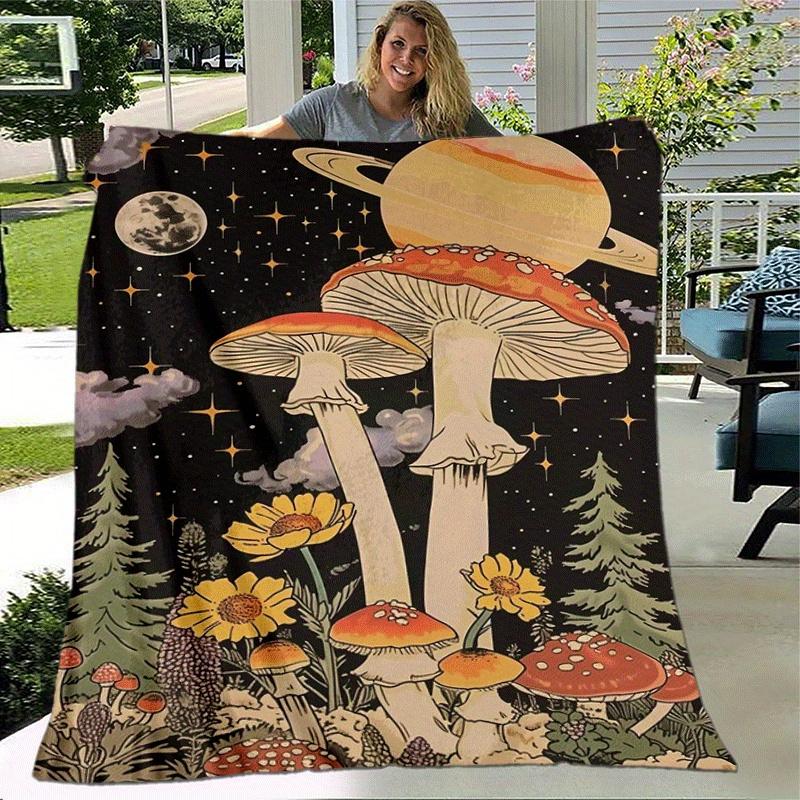 1pc Mushroom Printing Lightweight Flannel Blanket, Comfortable and Warm Blanket, for Camping Sofa Bed and Couch Office, Gift