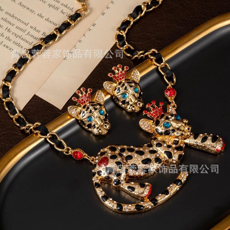 BJ Animal Style Cheetah Necklace Colorful Treasure Exaggerated Leopard Head Earrings Personalized Antique Heavy Industry Jewelry