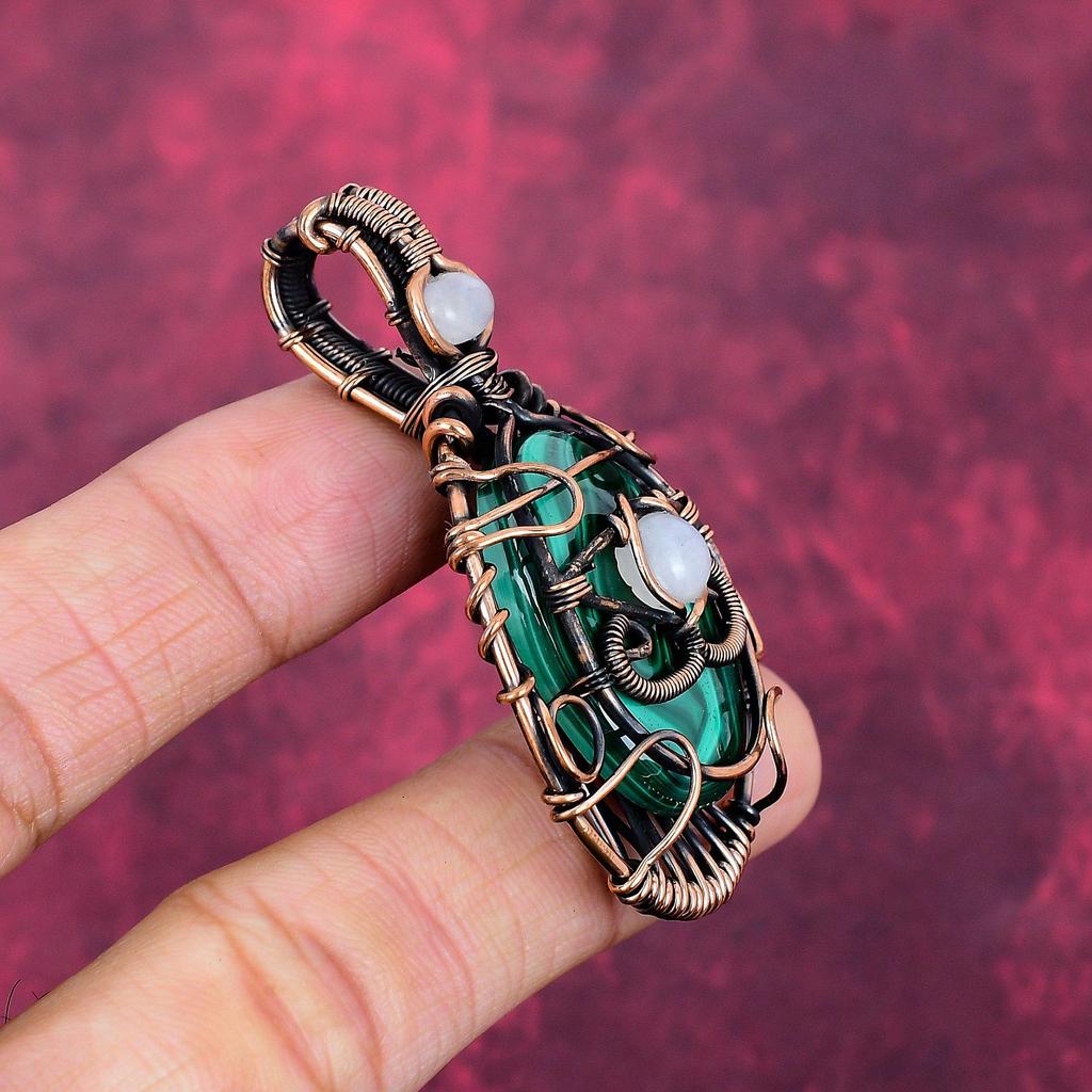 Evil Eye Malachite Pendant Copper Wire Wrapped Pendant Rainbow Moonstone Jewelry