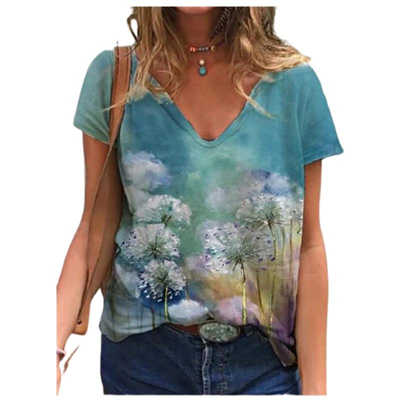 Casual Summer Women 2025 New Short Sleeve V-Neck Loose Oversized Tops Streetwear Floral Printed