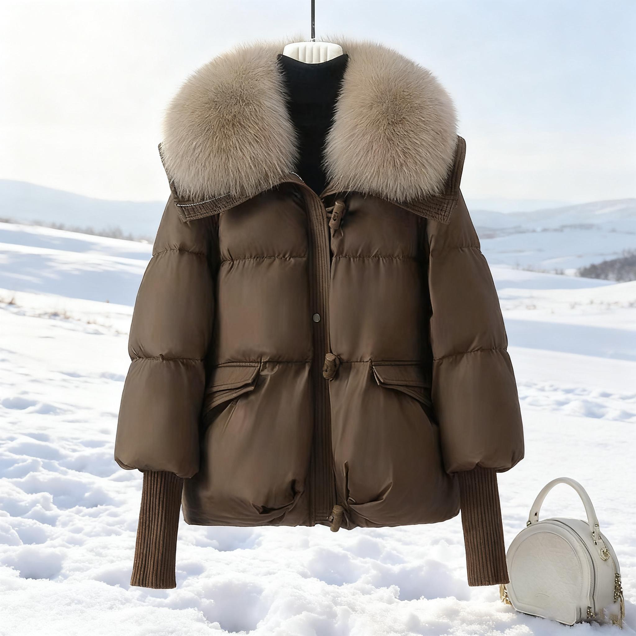 

Пуховик женский хлопковый средней длины свободный утягивающий маленький размер большой меховой воротник толстое теплое пальто M кофейный