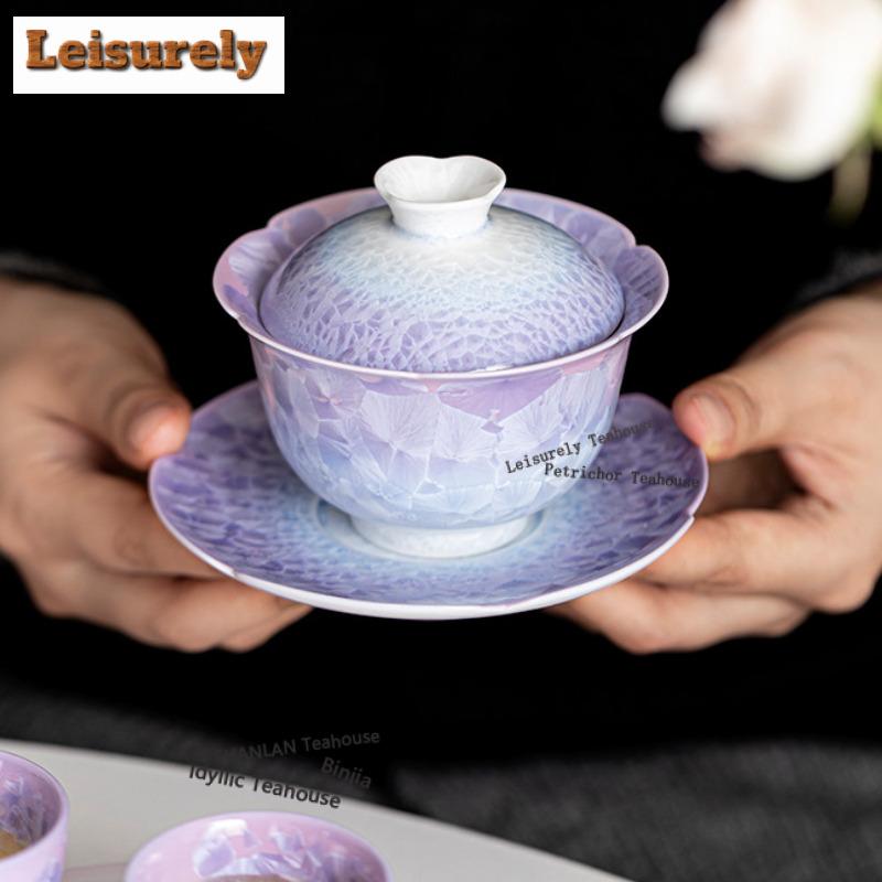 181ml Kiln Change Crystal Glaze Flower Mouth Gaiwan Handmade Tea Tureen Tea Bowl with Lid Kit Tea Maker Cover Bowl Tea Items