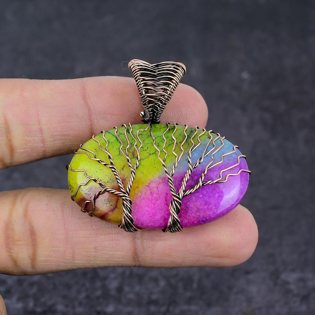 Quartz Solaire Arc-en-Ciel Naturel Fil de Cuivre Enroulé Pendentif Arbre de Vie 1,65" m3w08