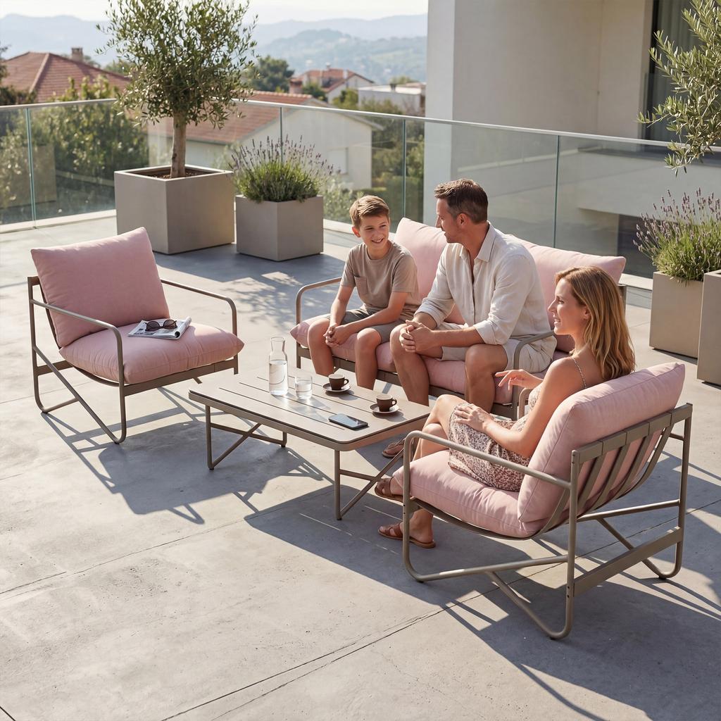 Garden Set for 4 People: Sofa, Armchairs, Table, Metal, Pink