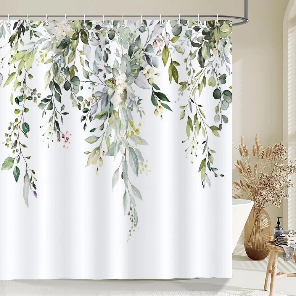 Green Plant Leaves Print Shower Curtains Watercolor Boho Floral Waterproof Morden Bathroom Bathtub Curtain Room Decor With Hooks