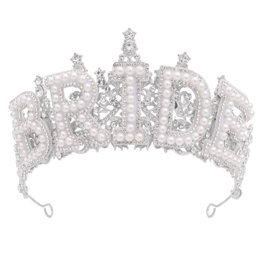 Wedding Decoration White Pearl Letter Crown Shiny Bride Tiara Zinc Zinc Alloy Rhinestone Headband Wife Gift