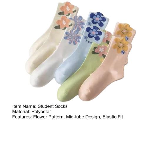 5 Paar Studentensocken Blumenmuster Wadenlang Warme Socken Atmungsaktiv Feuchtigkeitstransportierend Herbst Wintersocken