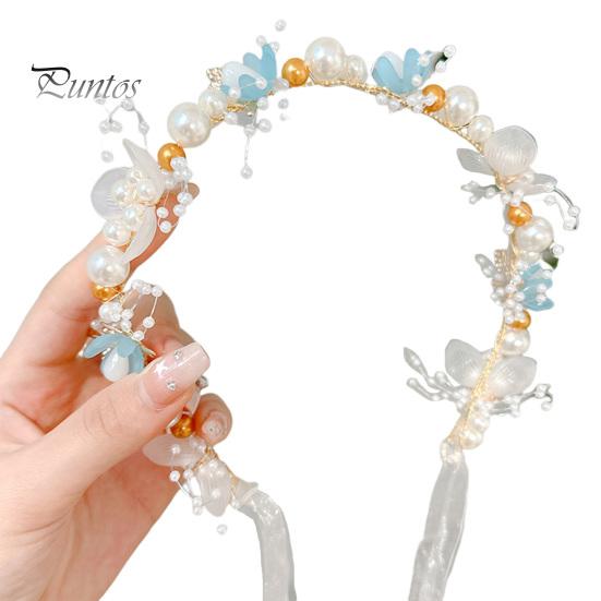 Stirnband für Mädchen, lang, transparentes Band, verstellbar, Kunstperlen-Dekoration, Prinzessinnen-Blumenmuster, Kopfschmuck für Hochzeit, Party, Haar-Accessoires, Geburtstagsgeschenk