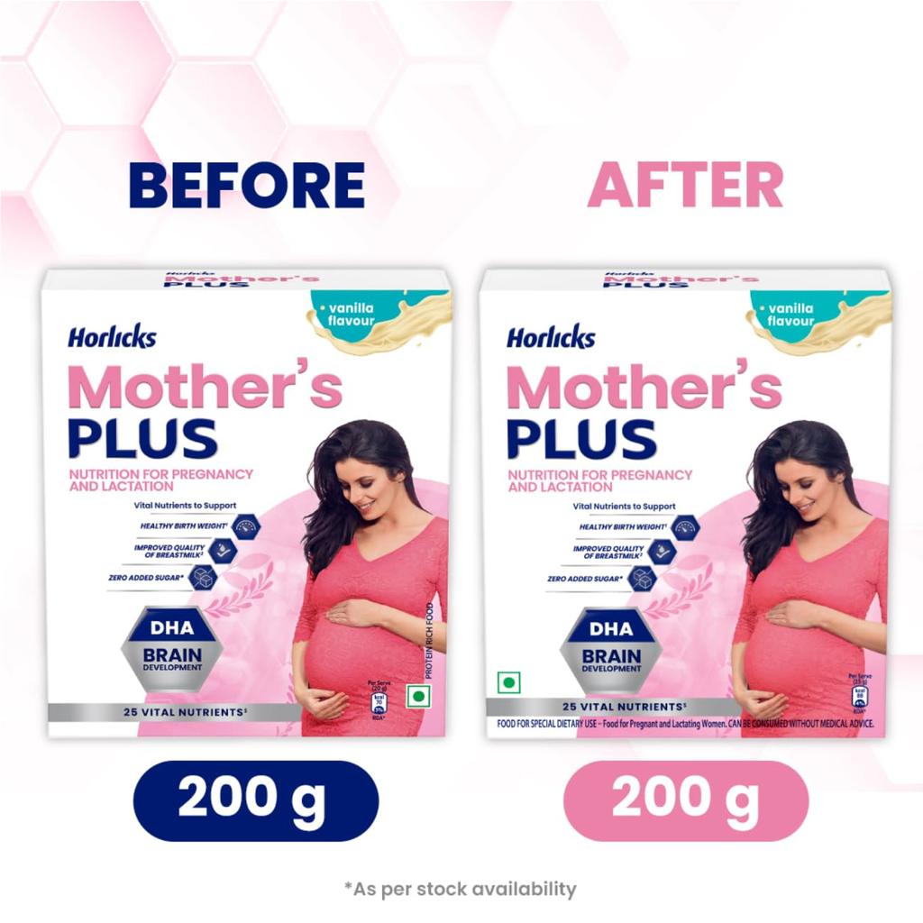Horlicks Mother’s Plus Health Drink for Pregnancy & Lactation, Protein-Rich, No Added Sugar, Vanilla, 200g Refill Pack