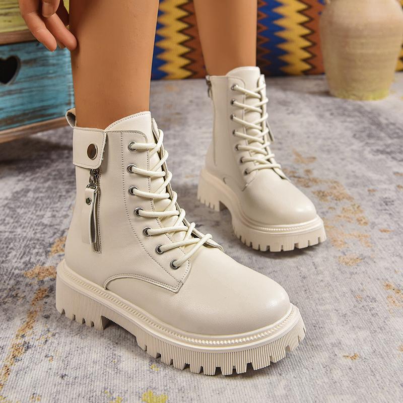 Black Pu Leather Motorcycle Boots Women  Fashion Lace Up Platform Ankle Boots Woman Plus Size 42 Zipper Gothic Shoes Female