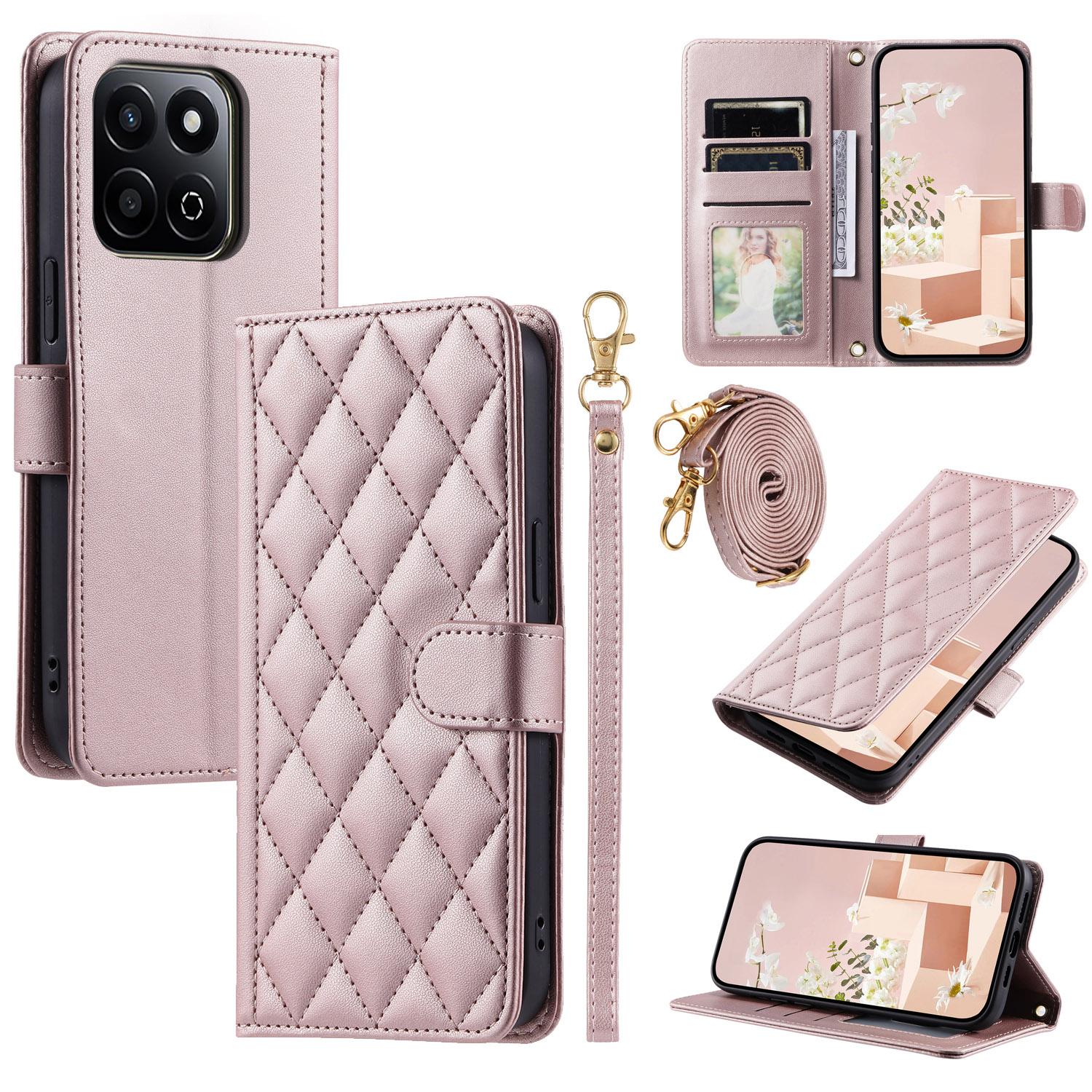 

PU Leather Case for Honor X7c 4G/X7c 5G/200 Smart 5G/Play 60 Plus 5G Wallet Rhombus Grid Phone Cover with Shoulder Strap/Wrist Strap