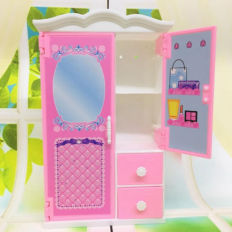 Three-door Pink Modern Wardrobe for Dolls Furniture Clothes Accessories Toys for Girls Baby Toy