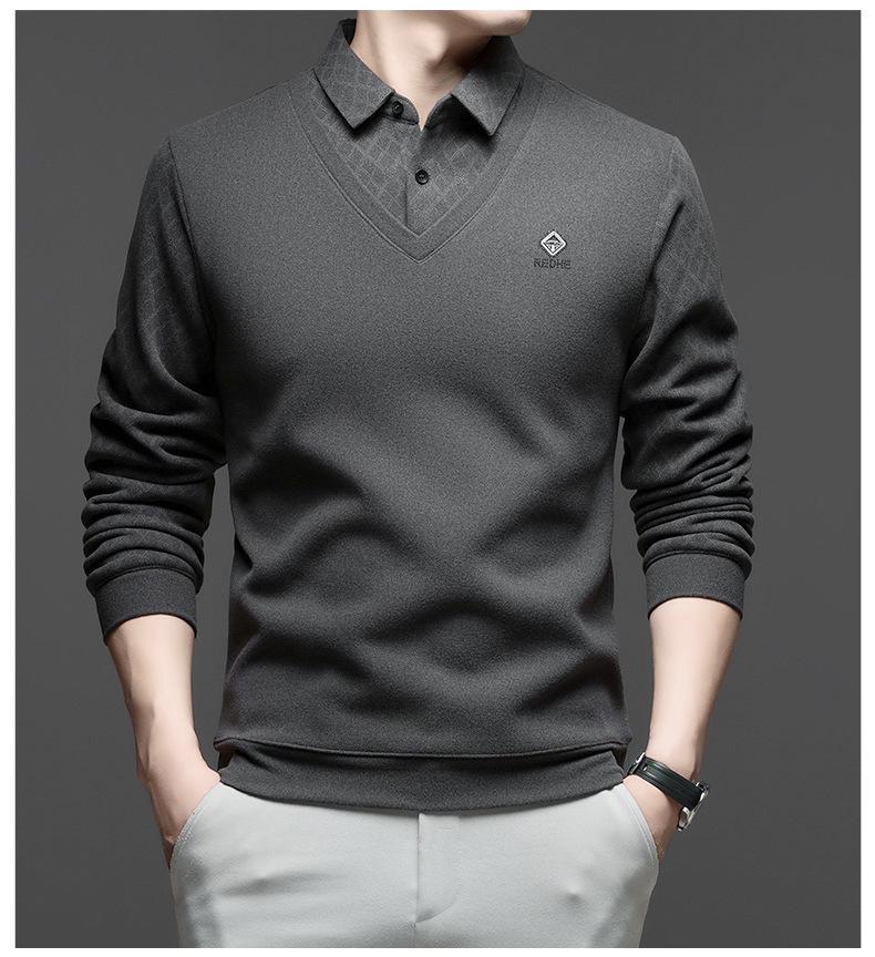 Men's Middle-Aged & Elderly Business Casual Faux Two-Piece Sweater - Warm, Velvet-Enhanced Knit Base Layer with Lapel