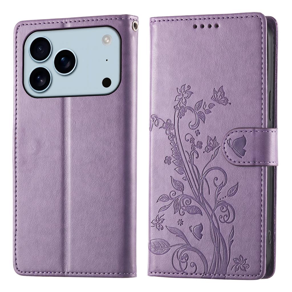 For iPhone 17 Pro Wallet Case Butterfly Floral Imprint PU Leather Phone Cover with Wrist Strap