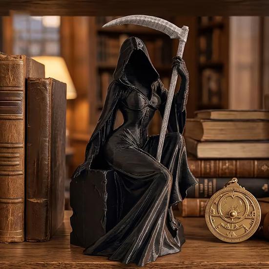 Grim Reaper Figurine with Scythe 3D Printed Mysterious Female Grim Reaper Statue Gothic Spooky Sculpture for Bookshelf Desk Decor