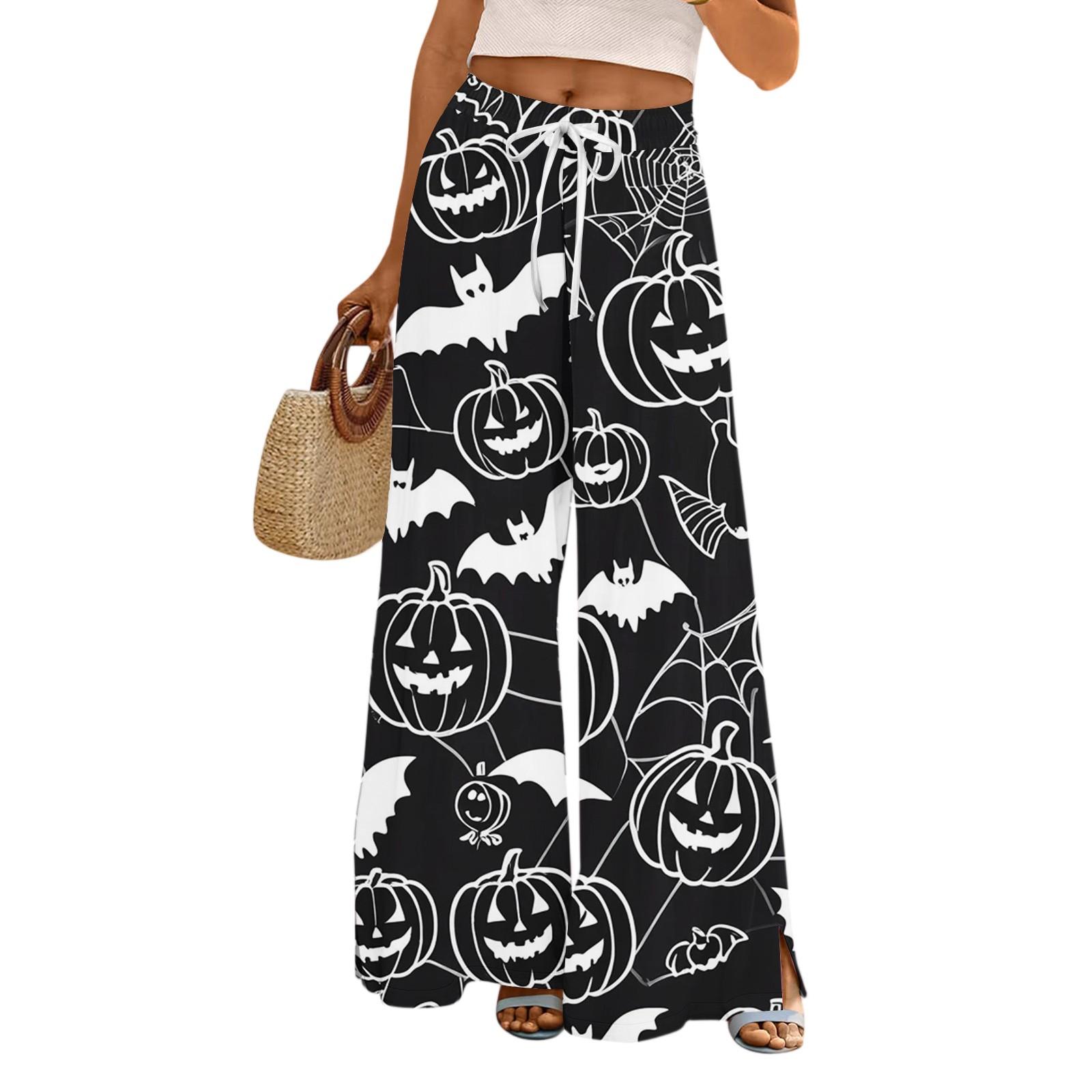 

Women s Halloween Printed Wide Leg Pants With Pockets High Waist Drawstring Loose Casual Pants S фіолетовий