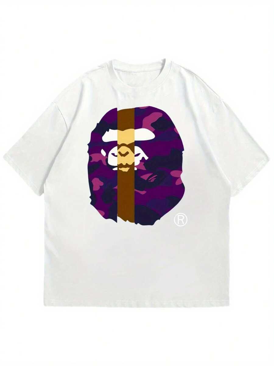 

Unisex S Camouflage Gorilla Face Graphic T-Shirt - Purple & Brown Camo Print Breathable Short Sleeve Tee L