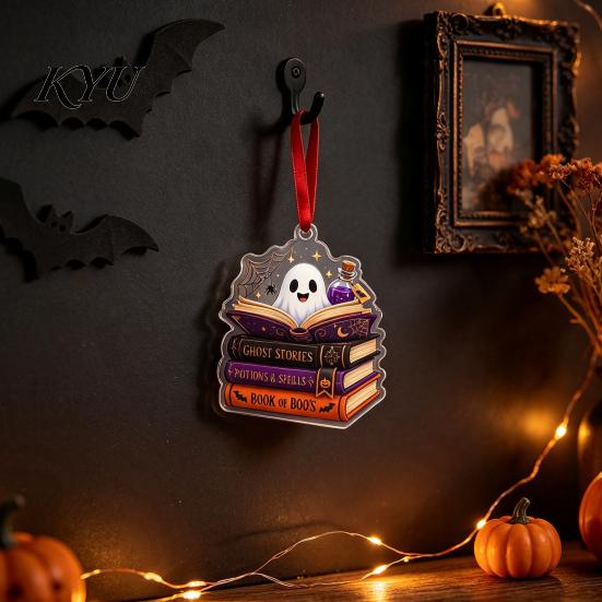 Halloween Festive Decorations Reading Ghost Hanging Ornament, Acrylic Holding Book Pumpkin Bookshelf Ornaments Black Cat Mummy Decor, 2D Cartoon