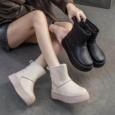 Vielseitige Schneestiefel Plüsch Warm Flache Plateau Kurze Stiefel Echtes Leder Damenschuhe