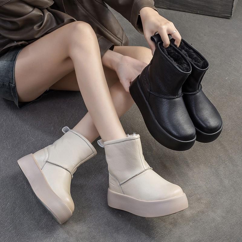 Johnature Versatile Snow Boots Plush Warm Flat Platform Short Boots Genuine Leather Women's Shoes