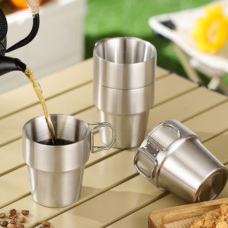 2er-Pack Edelstahl Isolierbecher für Camping, klappbarer Griff, doppelwandige Kaffeetassen für Outdoor, Wandern