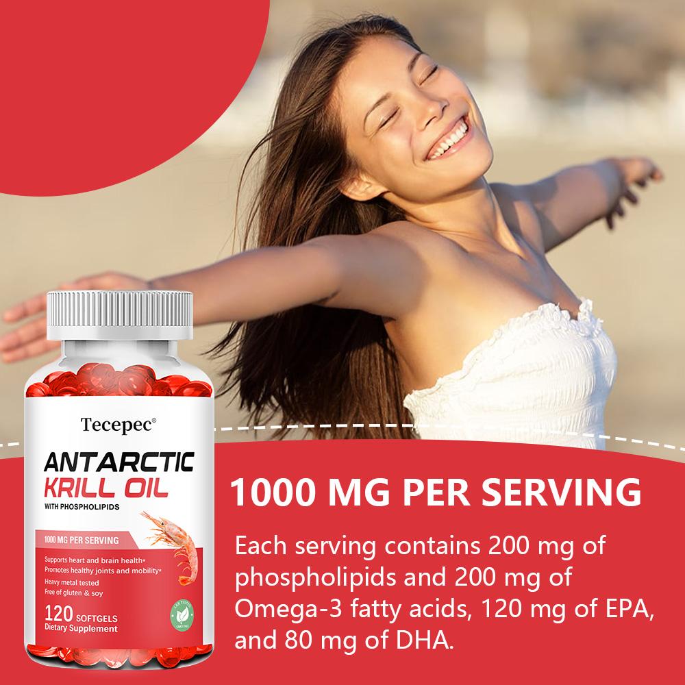 Najwyższej jakości olej z kryla antarktycznego 1000 mg - Suplement kwasów tłuszczowych Omega-3 z fosfolipidami dla wsparcia serca, mózgu i stawów