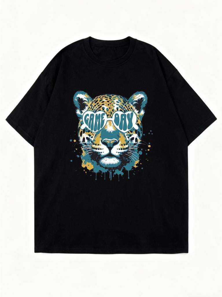 Übergroßes T-Shirt Schwarzer Leopard mit Game Day Sonnenbrillen-Print Lässige Streetwear für Damen