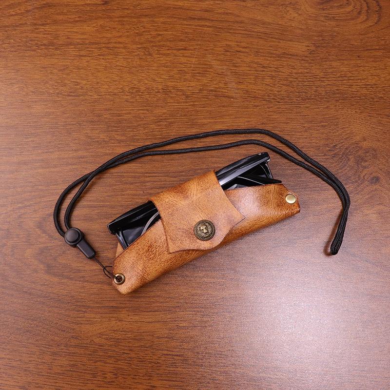 New Neck Hanging Handmade Vintage Vegetable Tanned Leather Sunglasses Bag with Tree Cream Cowhide Handmade Old Glasses Case