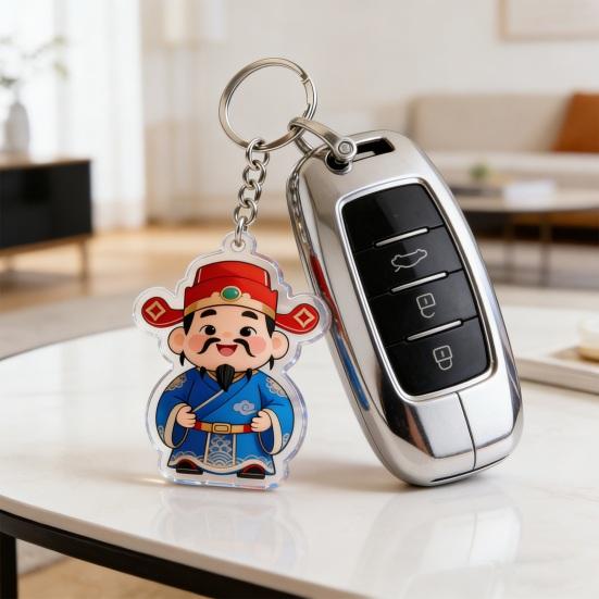 Keychain Pendant God of Wealth Charm Acrylic Double-Sided Clear National Keychain Lucky Yuanbao Decoration